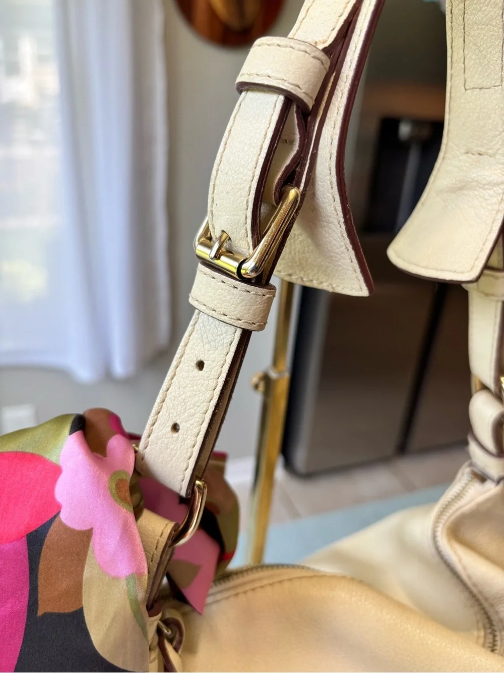 Dooney & Bourke Ecru Cream Pebbled Leather Shoulder Hobo with Colorful Scarf